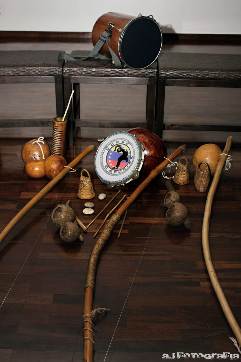 Traditional capoeira instruments, including several berimbaus